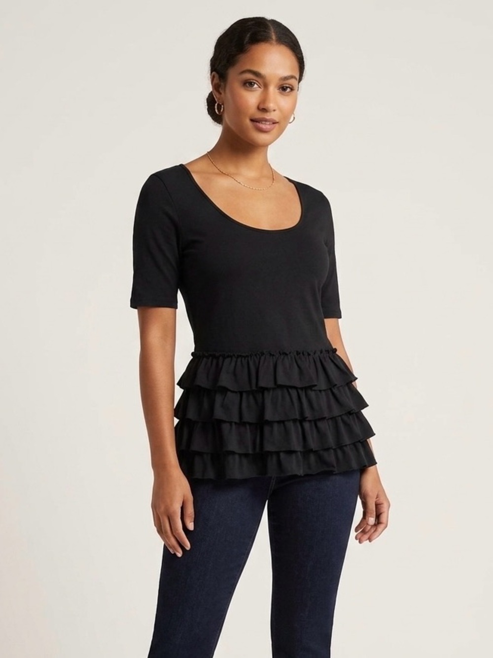 Betsey Johnson Black Scoop Neck Ruffle Tier Top